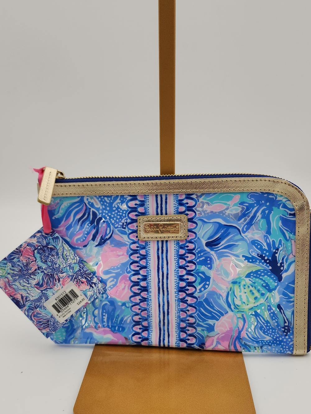 Lilly Pulitzer Blue Pink Tropical-Print Zip Wristlet with Gold Trim